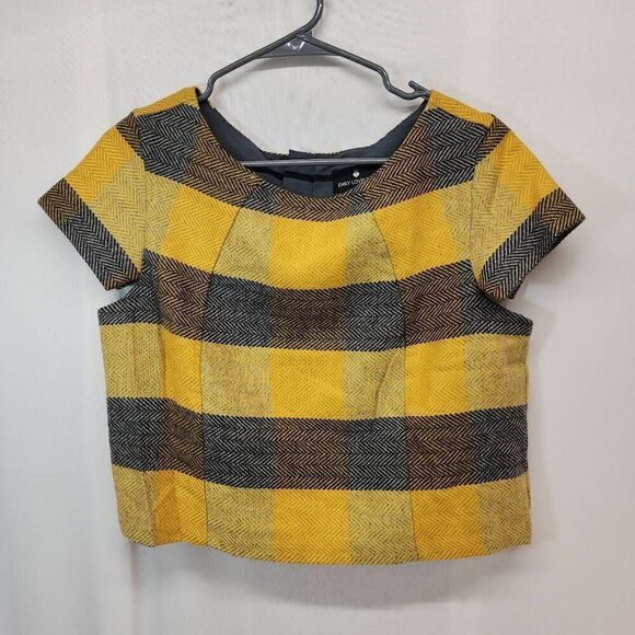 Emily Lovelock Size Medium Plaid Crop Wool Blend Blouse Women's Top Fall Yellow - Picture 1 of 6